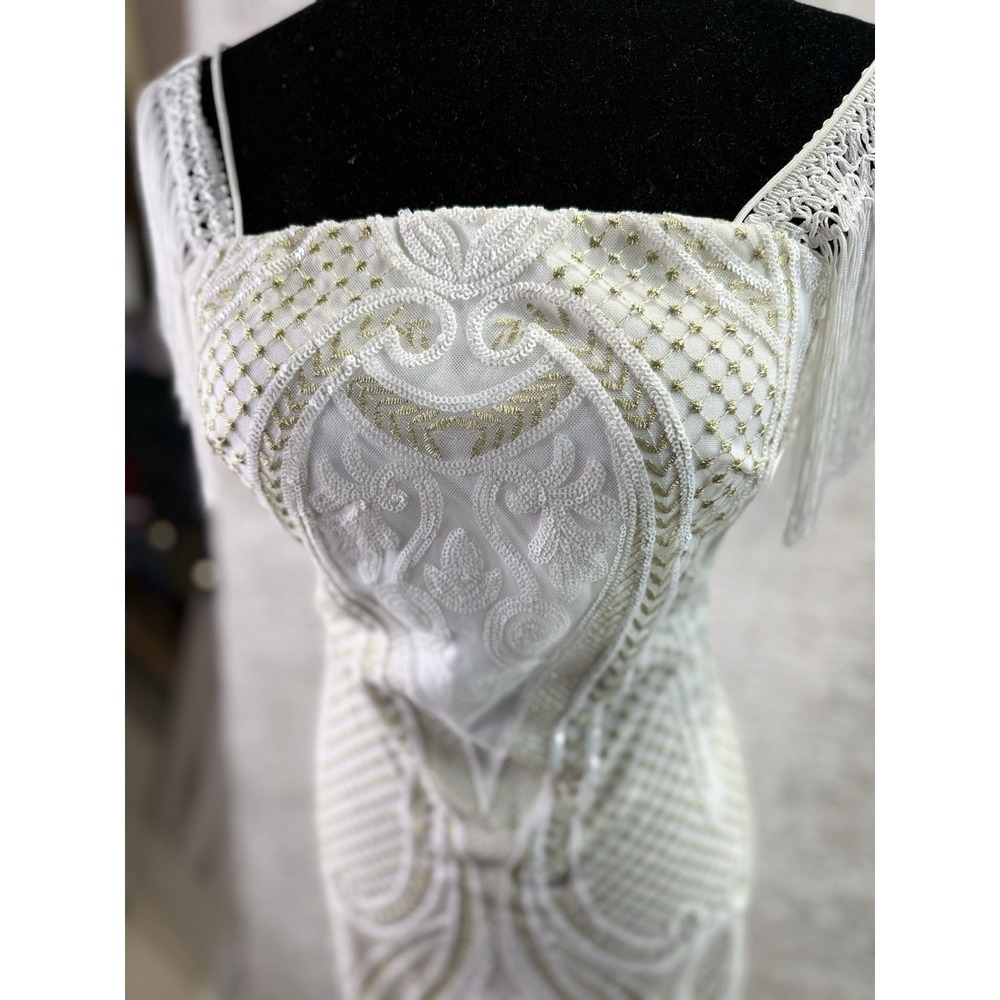 Venus Dress Womens SZ‎ 4 White and Gold Embroidery Roaring 20s Vintage Inspired